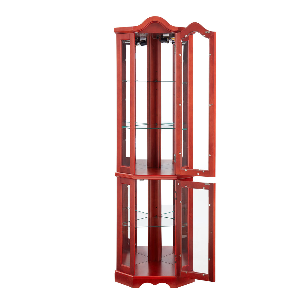 Curio Cabinet Lighted Glass Display Curio Cabinet w/Tempered Glass Doors and Shelves, Crown Corner Cabinet with Bulb, Corner Storage Decoration for Living room and Bedroom Cherry - Grand Goldman Shop