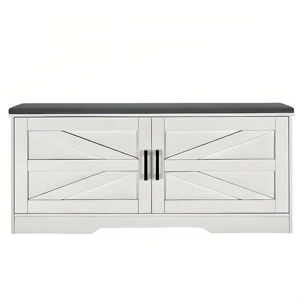 2 Tier Shoe Bench with Padded Seat, 2 Barn Doors and Adjustable Shelves, for Entryway and Living Room, White MDF - Grand Goldman Shop