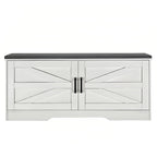 2 Tier Shoe Bench with Padded Seat, 2 Barn Doors and Adjustable Shelves, for Entryway and Living Room, White MDF - Grand Goldman Shop