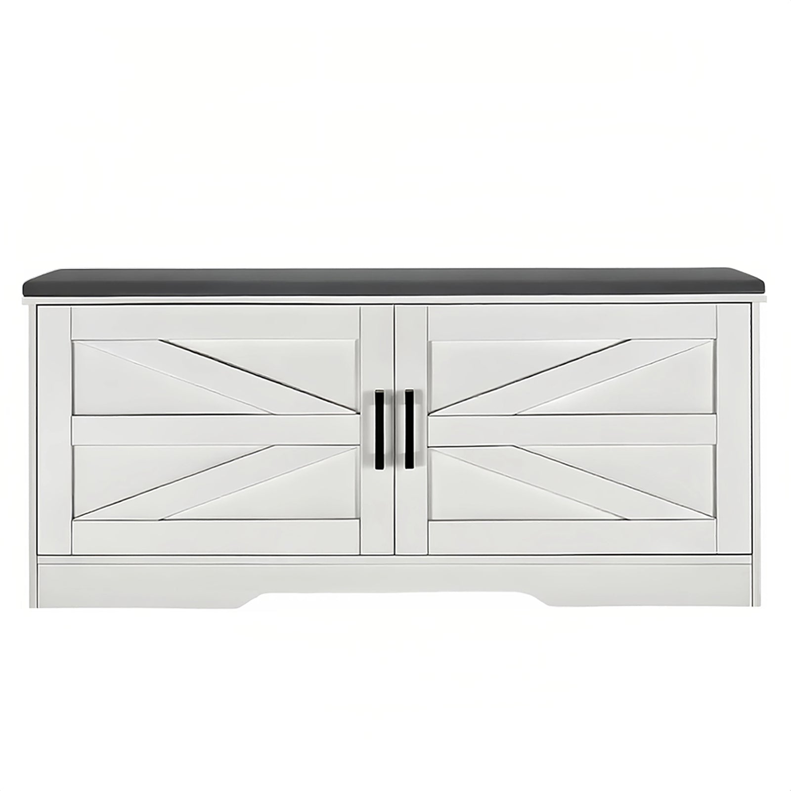 2 Tier Shoe Bench with Padded Seat, 2 Barn Doors and Adjustable Shelves, for Entryway and Living Room, White MDF - Grand Goldman Shop