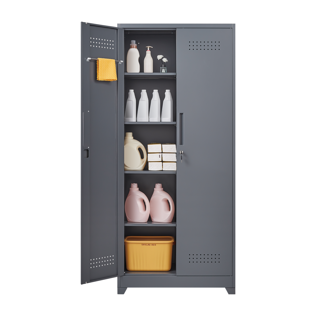 Gray And White Color Metal Lockers, Cleaning Tool Cabinets With Locking Doors, High Broom Tool Storage Cabinets, Adjustable S