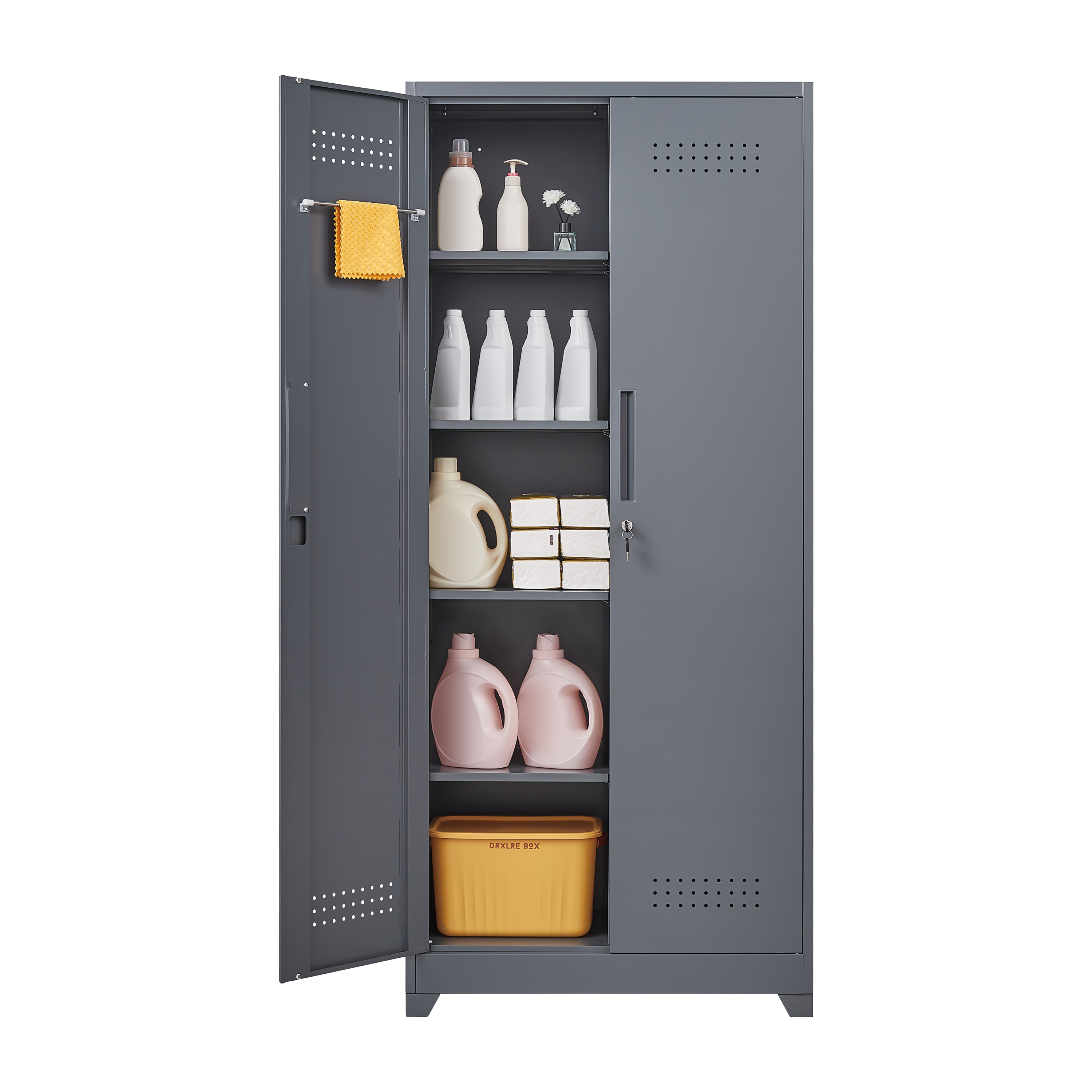 Gray And White Color Metal Lockers, Cleaning Tool Cabinets With Locking Doors, High Broom Tool Storage Cabinets, Adjustable S