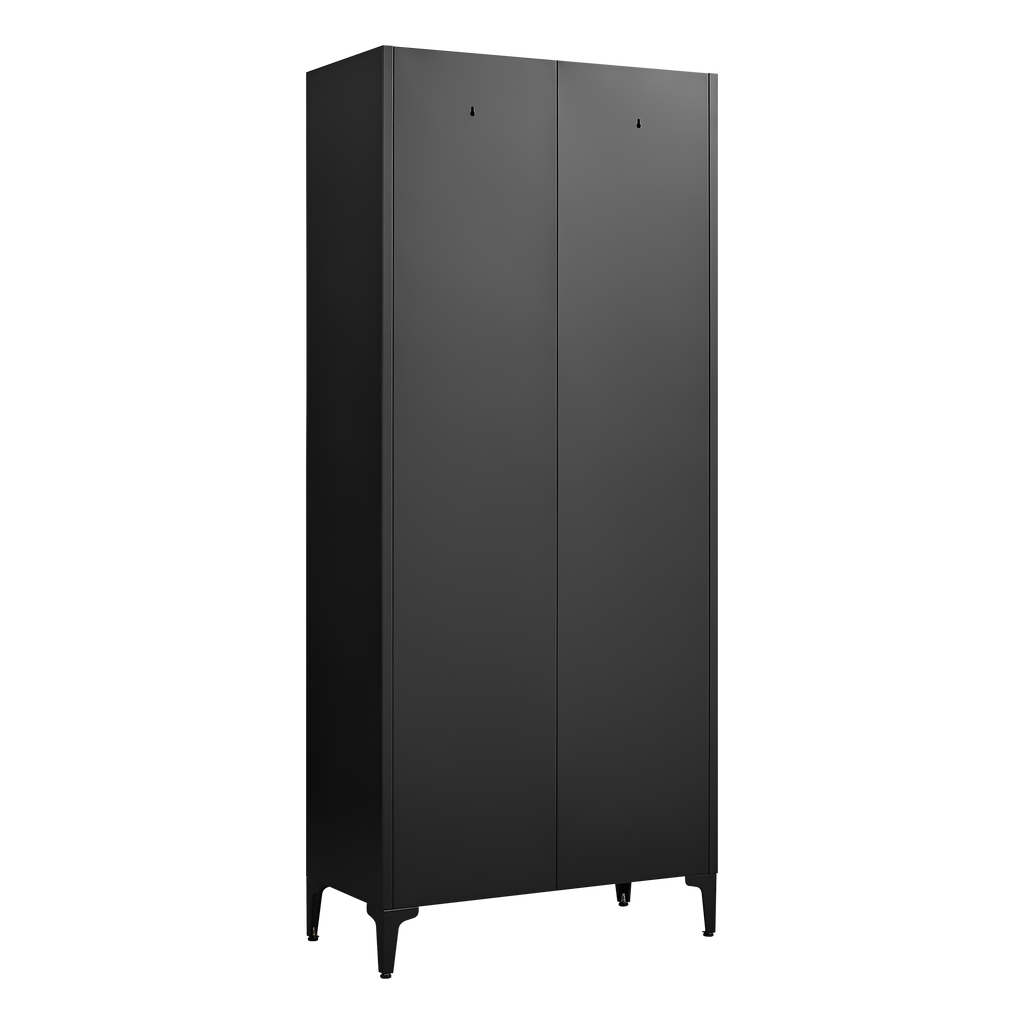 Black Metal Adjustable 2-Door Kitchen Pantry Cabinet with Striped Design and Gold Handles, Tall Steel Storage Locker for Kitc