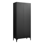 Black Metal Adjustable 2-Door Kitchen Pantry Cabinet with Striped Design and Gold Handles, Tall Steel Storage Locker for Kitc