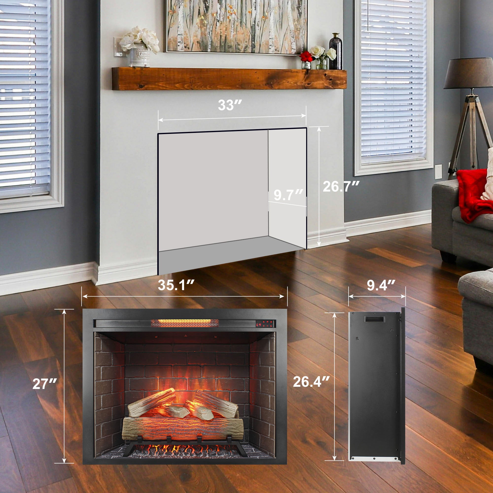 33 inch Infrared Electric Fireplace Insert, Touch Panel Home Decor Heater,Smokeless Firebox .With fixed Trim Kit .With Crackling Sound - Grand Goldman Shop