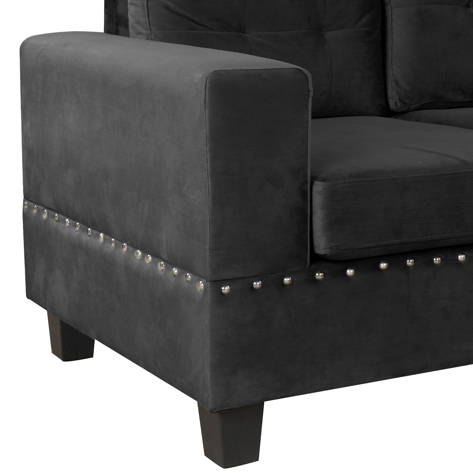 Modern Sectional Sofa with Storage Ottoman, L-Shape Couch with 2 Pillows and Cup Holders, Black Velvet, 105' - Grand Goldman Shop