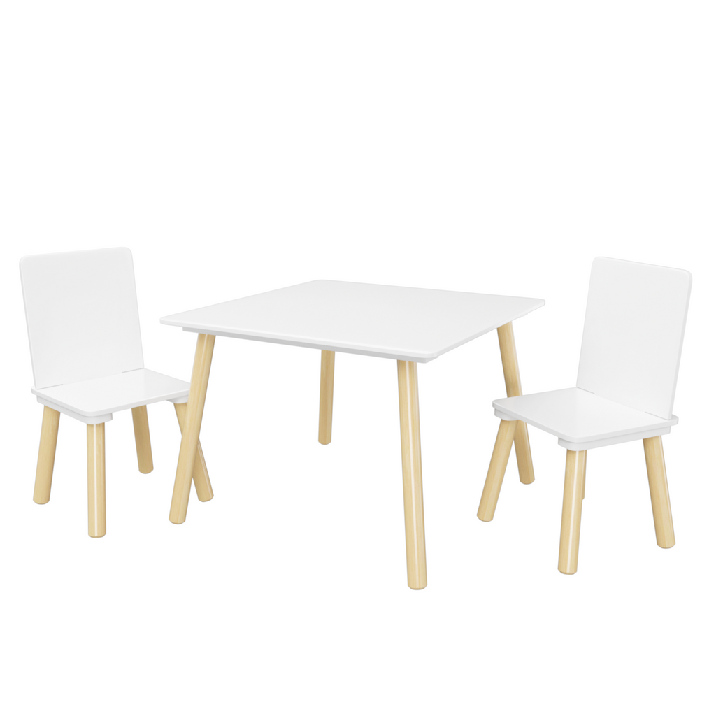 White Wooden Kids Table and 2 Chairs Set, 3-Piece Toddler Activity Play Table with Solid Wood & MDF Construction, Compact Siz