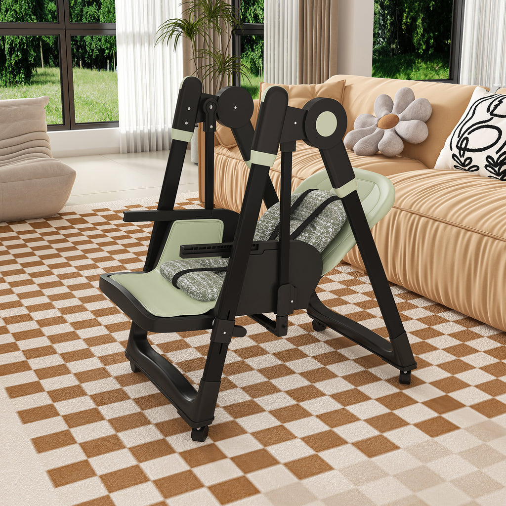 Convertible Baby High Chair to Rocker with 5-Point Harness, Foldable Infant Feeding Chair in Dark Green with Removable 2-Tier