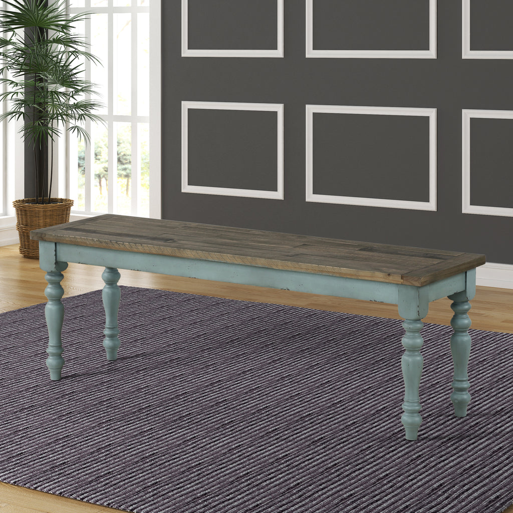 Prato Two-Tone Wood Upholstered Dining Bench, Antique Brown and Distressed Blue - Grand Goldman Shop