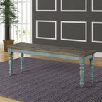 Prato Two-Tone Wood Upholstered Dining Bench, Antique Brown and Distressed Blue - Grand Goldman Shop