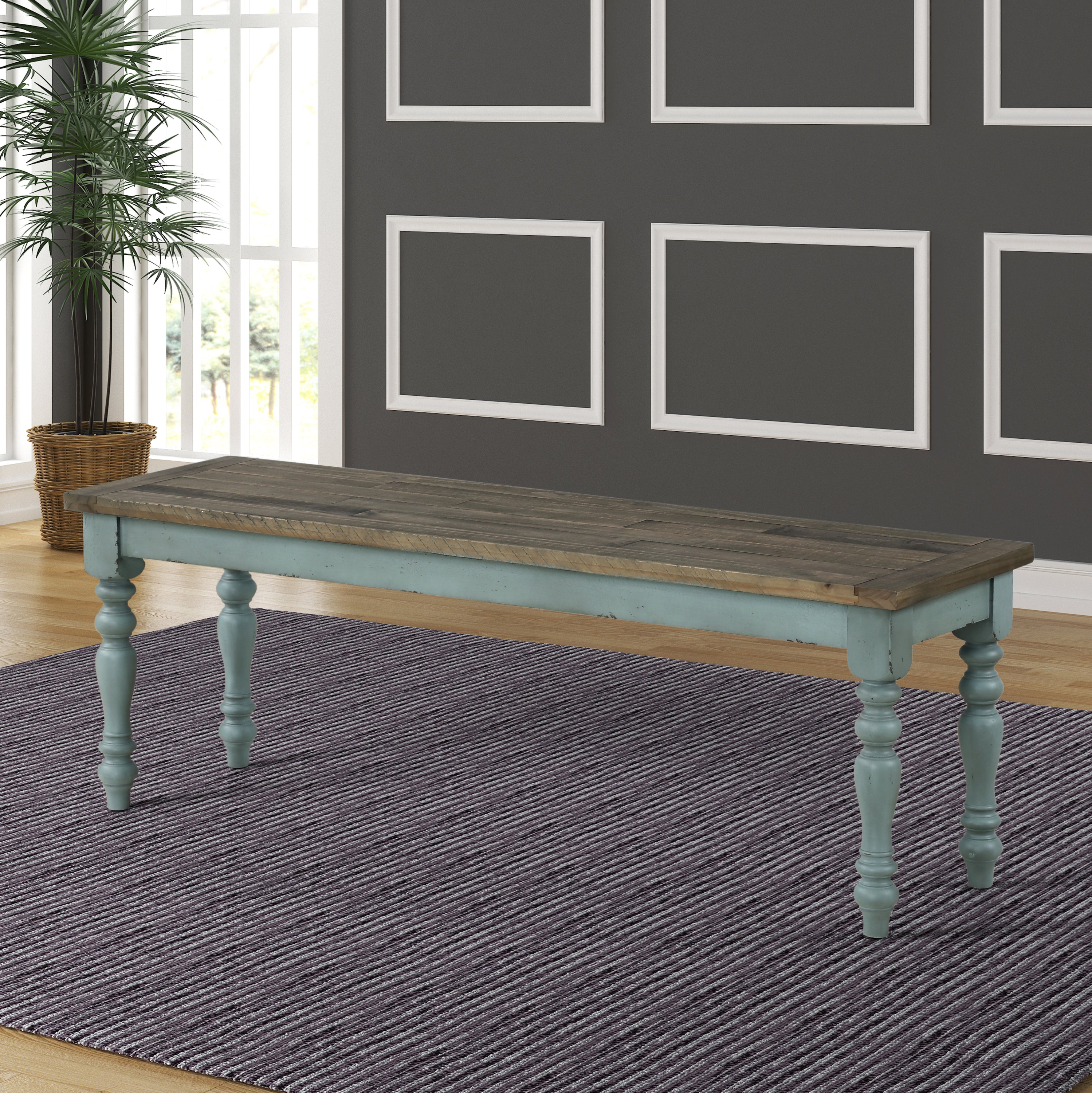 Prato Two-Tone Wood Upholstered Dining Bench, Antique Brown and Distressed Blue - Grand Goldman Shop