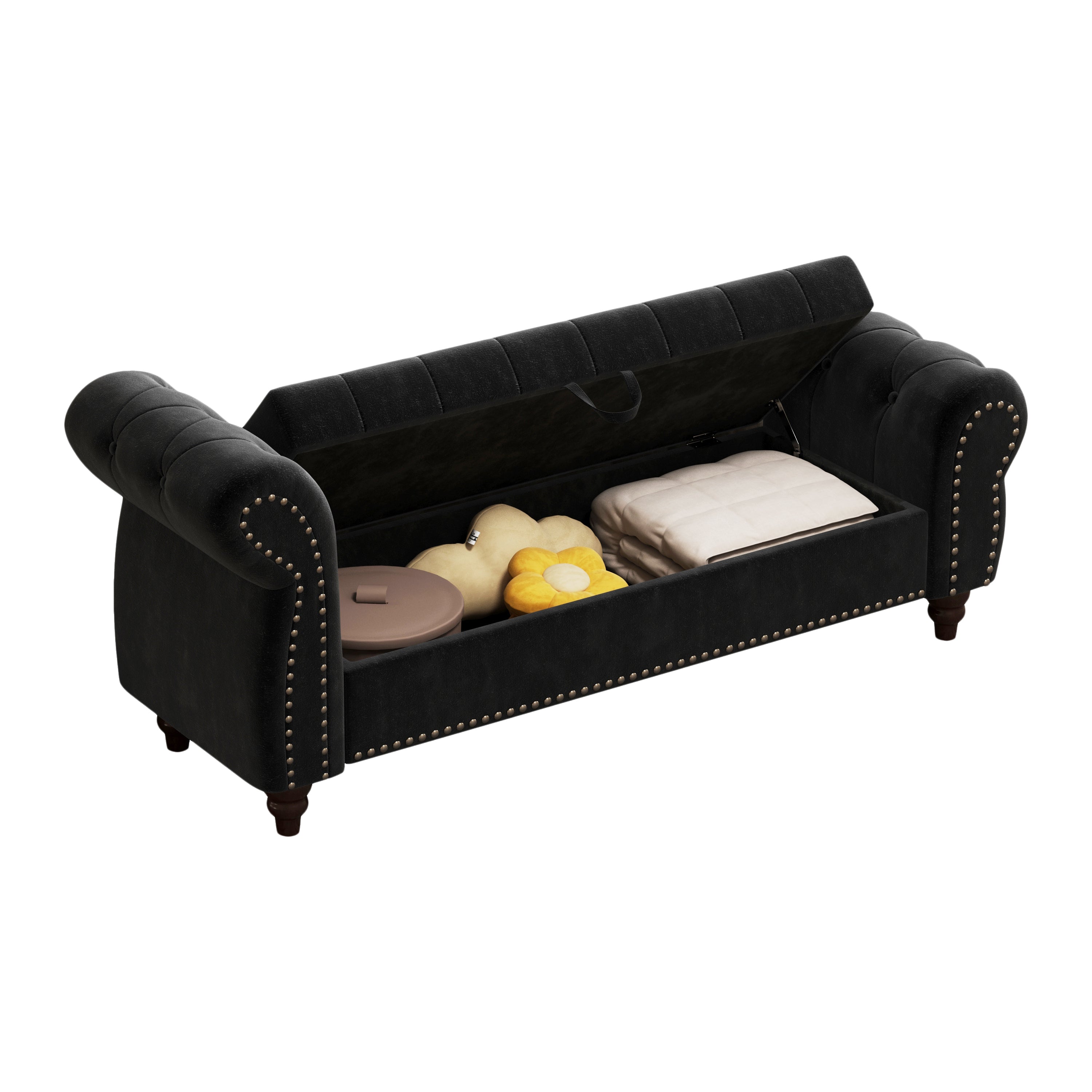 64.5' Bed Bench for Bed Room Nails Tufted Chaise of Lounge with Storage Velvet Upholstery Black - Grand Goldman Shop