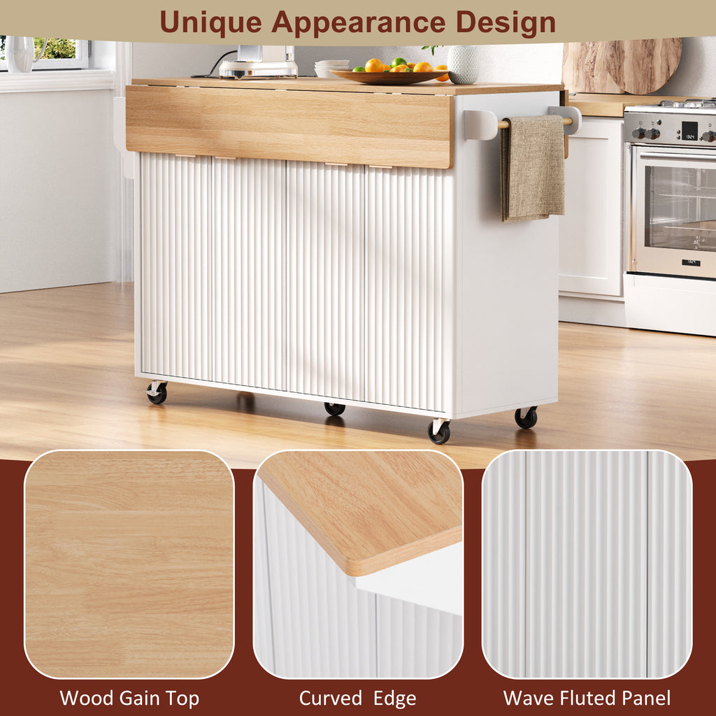 K&K 55.5' Fluted Kitchen Island with 2 Drop Leaf, Kitchen Storage Cart with Power Outlet, 4 Doors, Spice rack, Rolling Island Table with Wood-grain Top, Curved Edge for Kitchen, Dining Room,White - Grand Goldman Shop