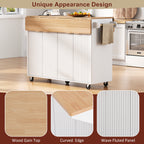 K&K 55.5' Fluted Kitchen Island with 2 Drop Leaf, Kitchen Storage Cart with Power Outlet, 4 Doors, Spice rack, Rolling Island Table with Wood-grain Top, Curved Edge for Kitchen, Dining Room,White - Grand Goldman Shop
