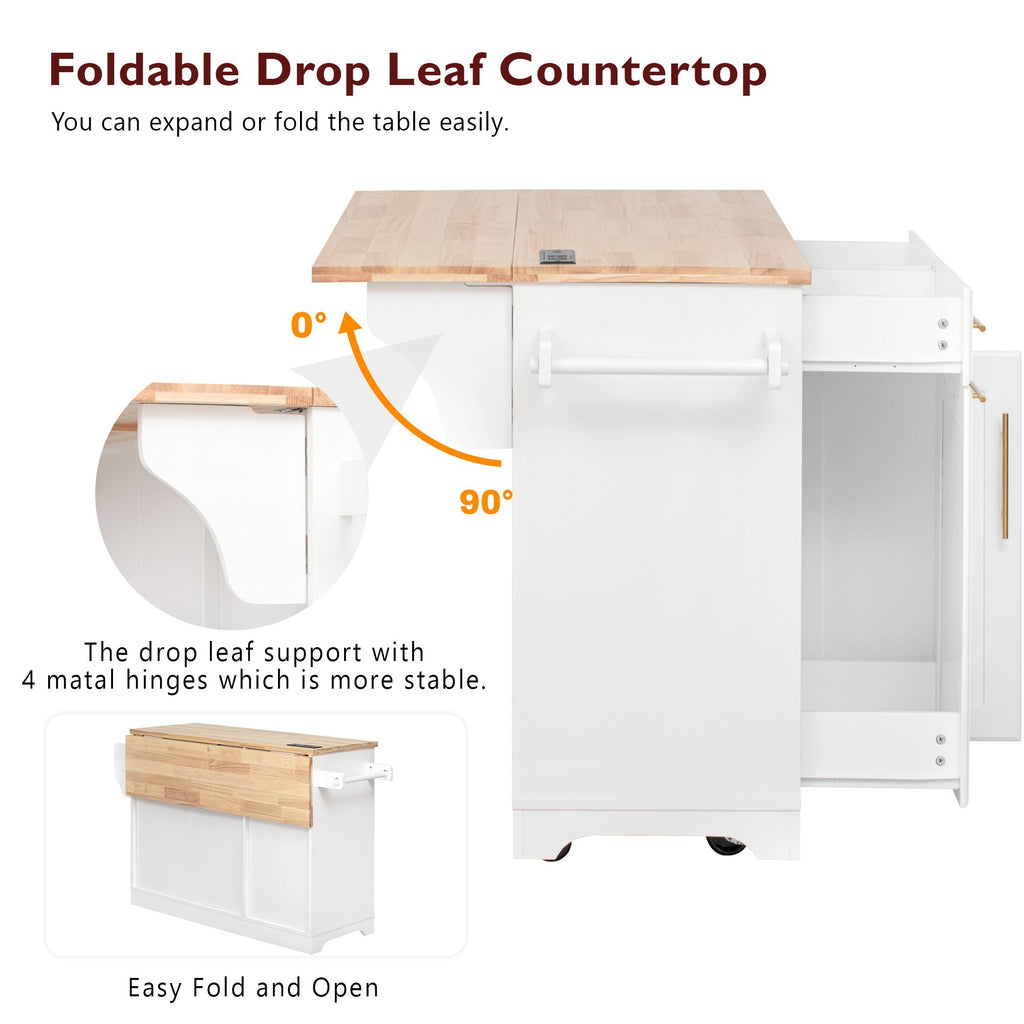 K&K 59.3' Kitchen Island with Storage 2 Pull Out Cabinet Organizers & Rubber Wood Drop Leaf, Rolling Kitchen Island with Trash Can Storage, Power Outlet, Spice & Towel Rack for Kitchen, Dining, White - Grand Goldman Shop
