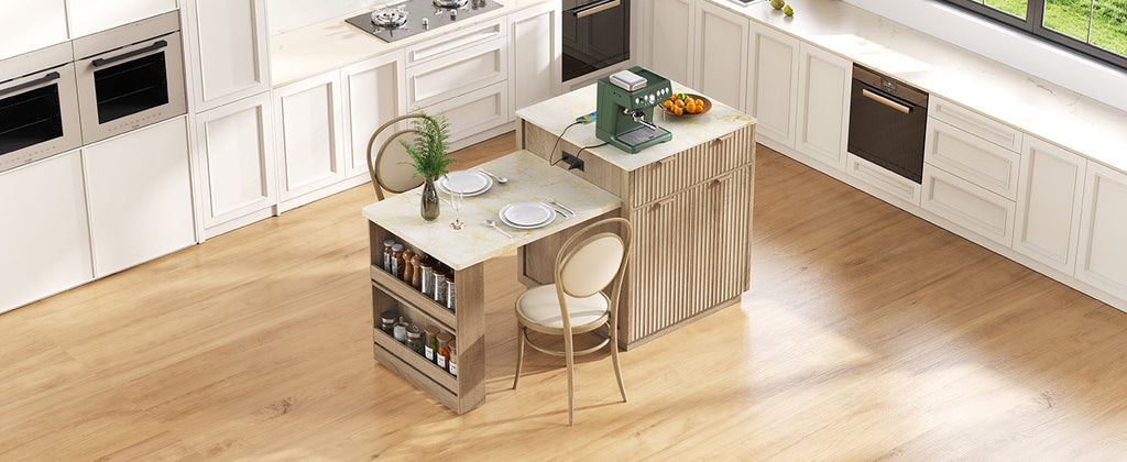 K&K 82.6' Fluted Kitchen Island with Extendable Dining Table for 4-6, Island Table for Kitchen with Power Outlet, Kitchen Table with Double-Side Storage, 2 Drawers 2 Side Open Shelves, Natural - Grand Goldman Shop