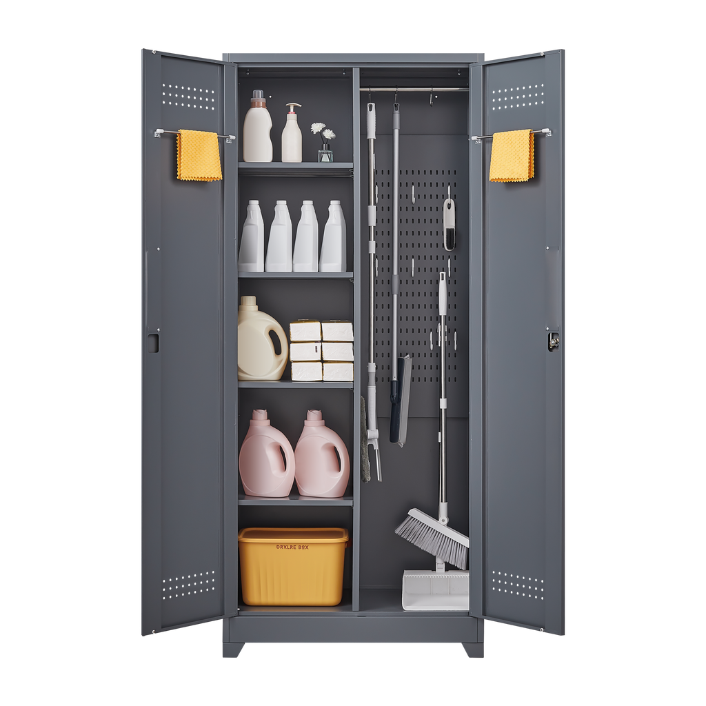 Gray And White Color Metal Lockers, Cleaning Tool Cabinets With Locking Doors, High Broom Tool Storage Cabinets, Adjustable S