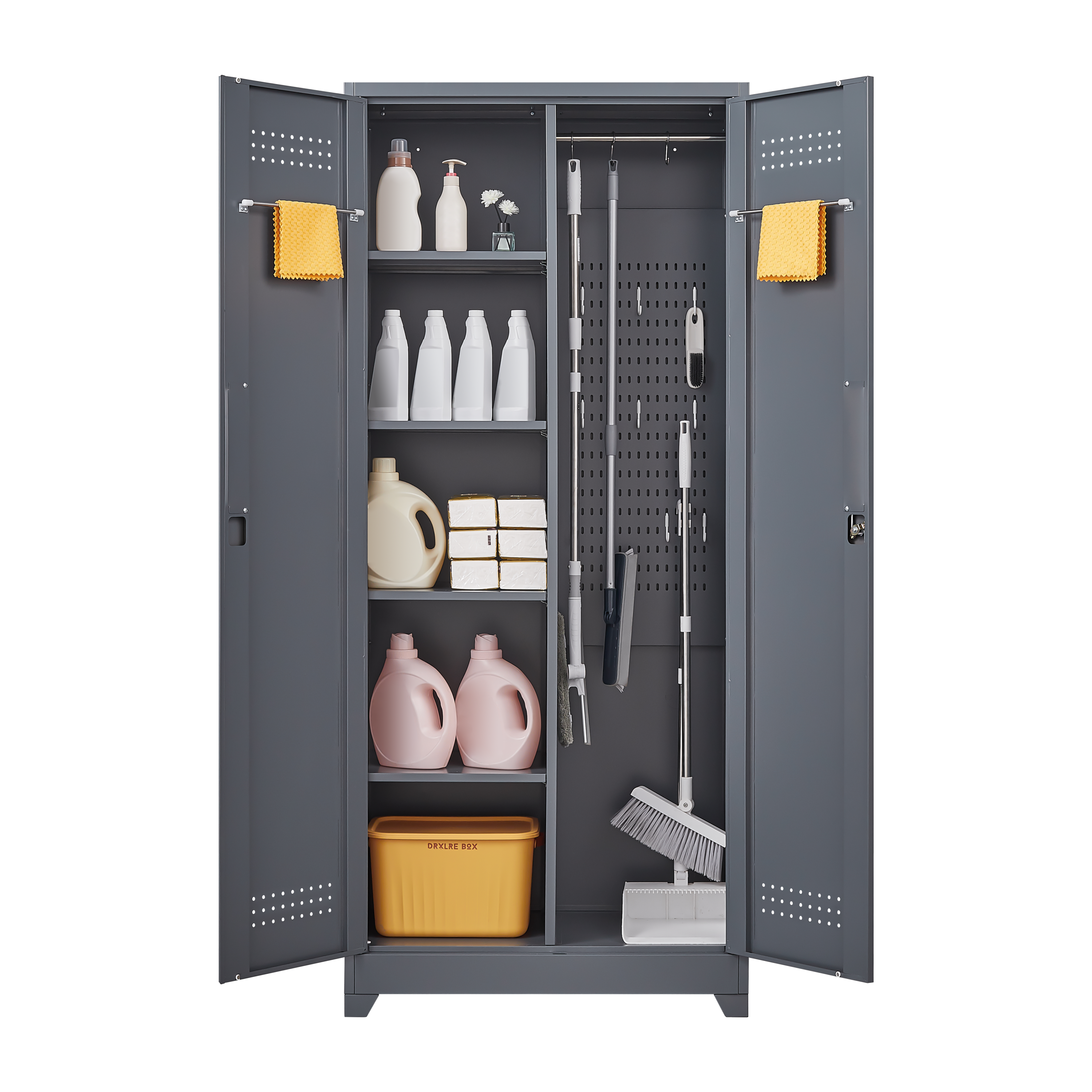 Gray And White Color Metal Lockers, Cleaning Tool Cabinets With Locking Doors, High Broom Tool Storage Cabinets, Adjustable S