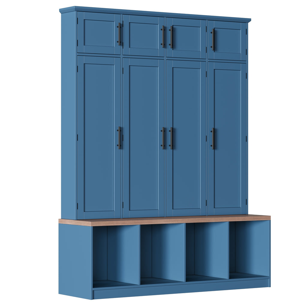 Farmhouse Hall Tree with 4 Hidden Hanging Hooks, Versatile Walnut Seating Bench with 8 Doors, Entryway Shoe Cabinet with Open Compartment for Living Room, Blue (OLD SKU:N721S000059C) - Grand Goldman Shop