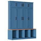 Farmhouse Hall Tree with 4 Hidden Hanging Hooks, Versatile Walnut Seating Bench with 8 Doors, Entryway Shoe Cabinet with Open Compartment for Living Room, Blue (OLD SKU:N721S000059C) - Grand Goldman Shop