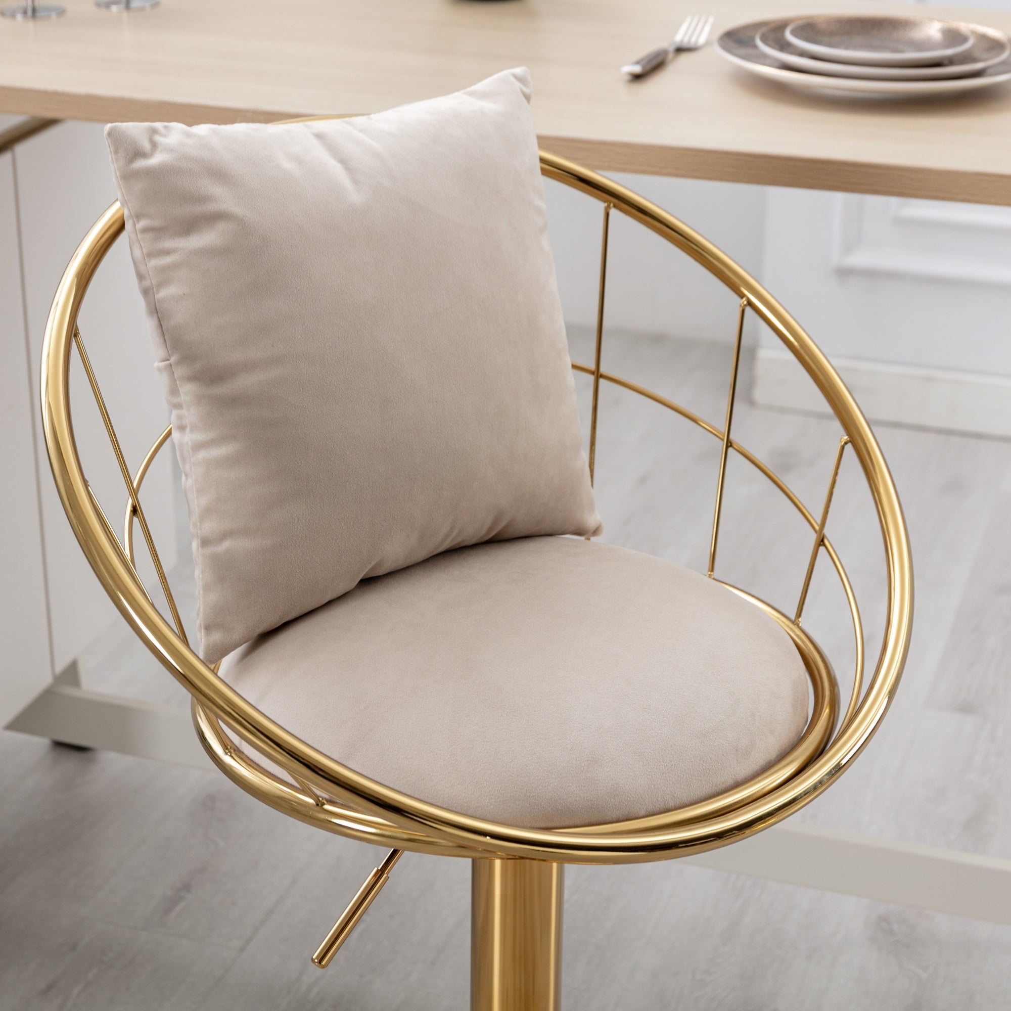 Off-White Velvet Bar Chair, Pure Gold Plated, Unique Design, 360-Degree Rotation, Adjustable Height, Suitable for Dining Room and Bar, Set of 2 - Grand Goldman Shop