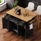 K&K 54inch Large Kitchen Island with Rubber Wood Drop Leaf, Embossed Texture Rolling Kitchen Cart on 4 Wheels with 4 Doors and 3 Drawers, Kitchen Island with Storage for Kitchen, Dining Room,Black - Grand Goldman Shop