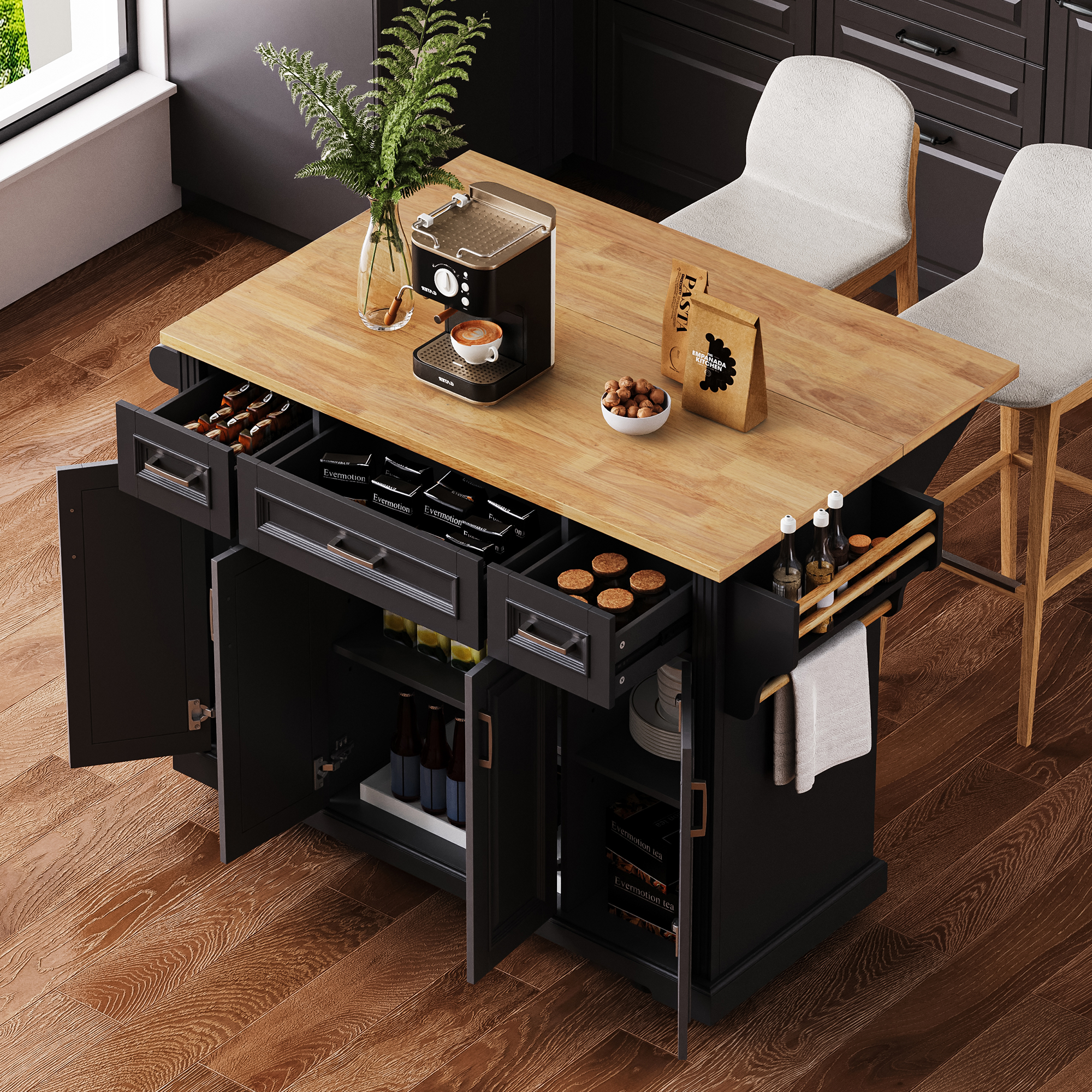 K&K 54inch Large Kitchen Island with Rubber Wood Drop Leaf, Embossed Texture Rolling Kitchen Cart on 4 Wheels with 4 Doors and 3 Drawers, Kitchen Island with Storage for Kitchen, Dining Room,Black - Grand Goldman Shop