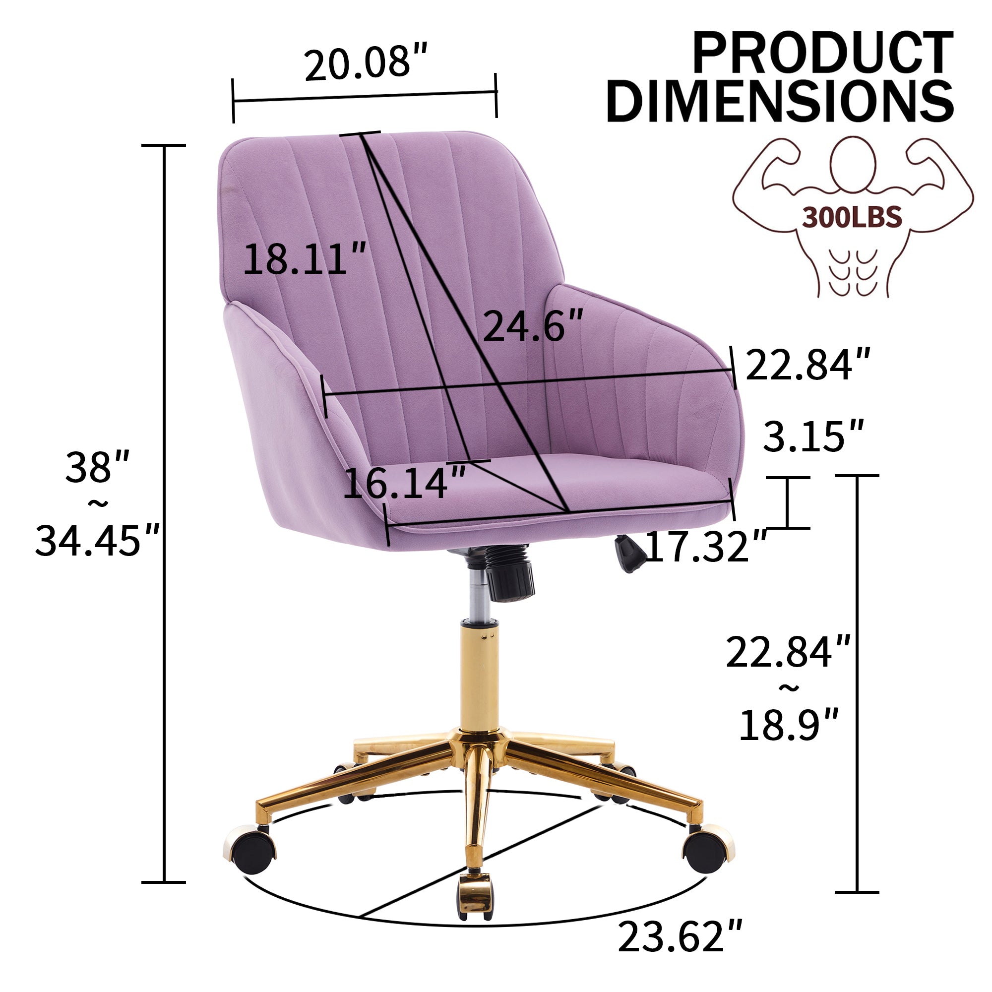 TY Ergonomic Swivel Office Chair with Backrest, Lilac Velvet, Adjustable and Comfortable for Long Sitting - Grand Goldman