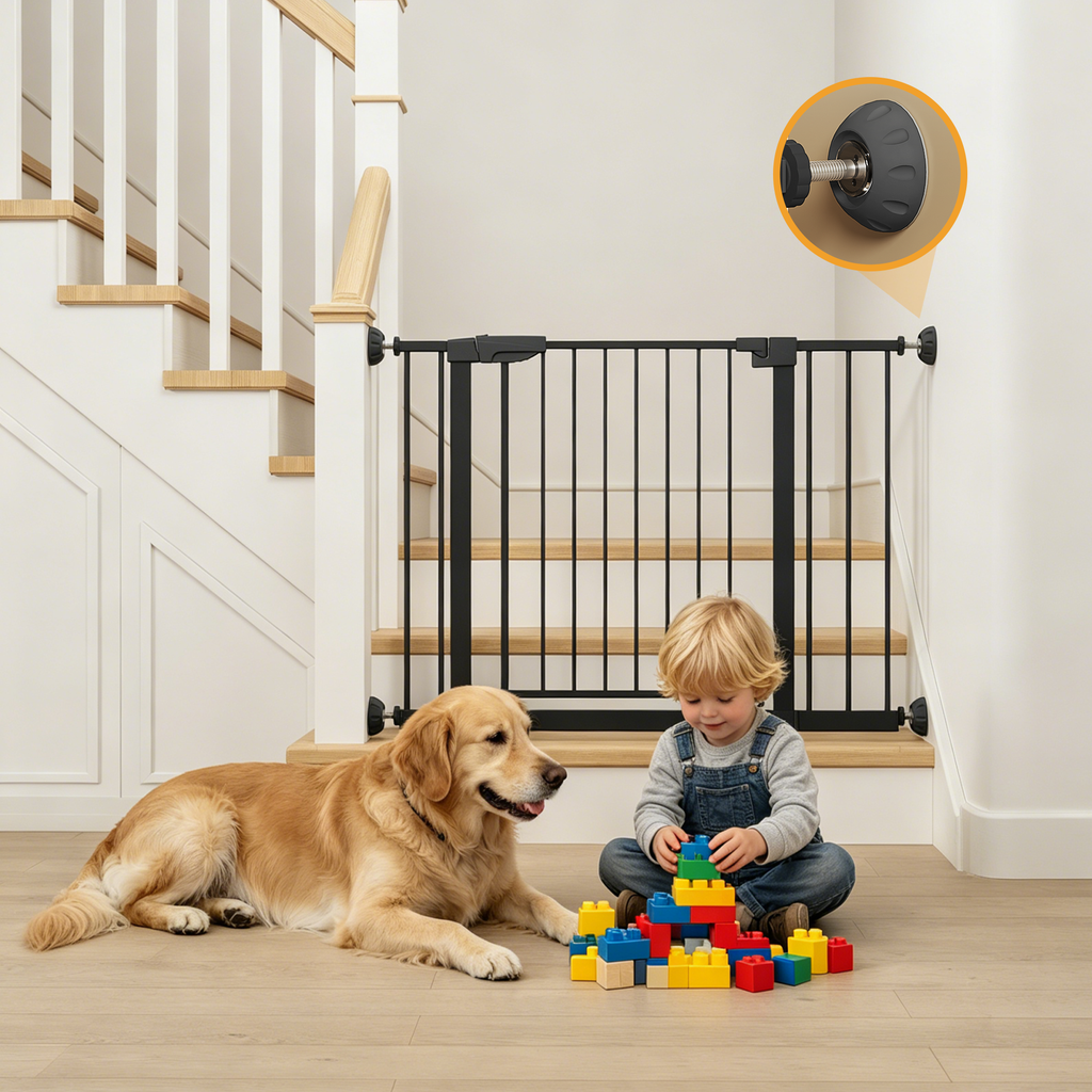 29.5-45.3' Wide Baby Gate with wall protector for Stairs, Dog Gate Indoor for Doorways, No Drilling Pressure Mounted Pet Gate