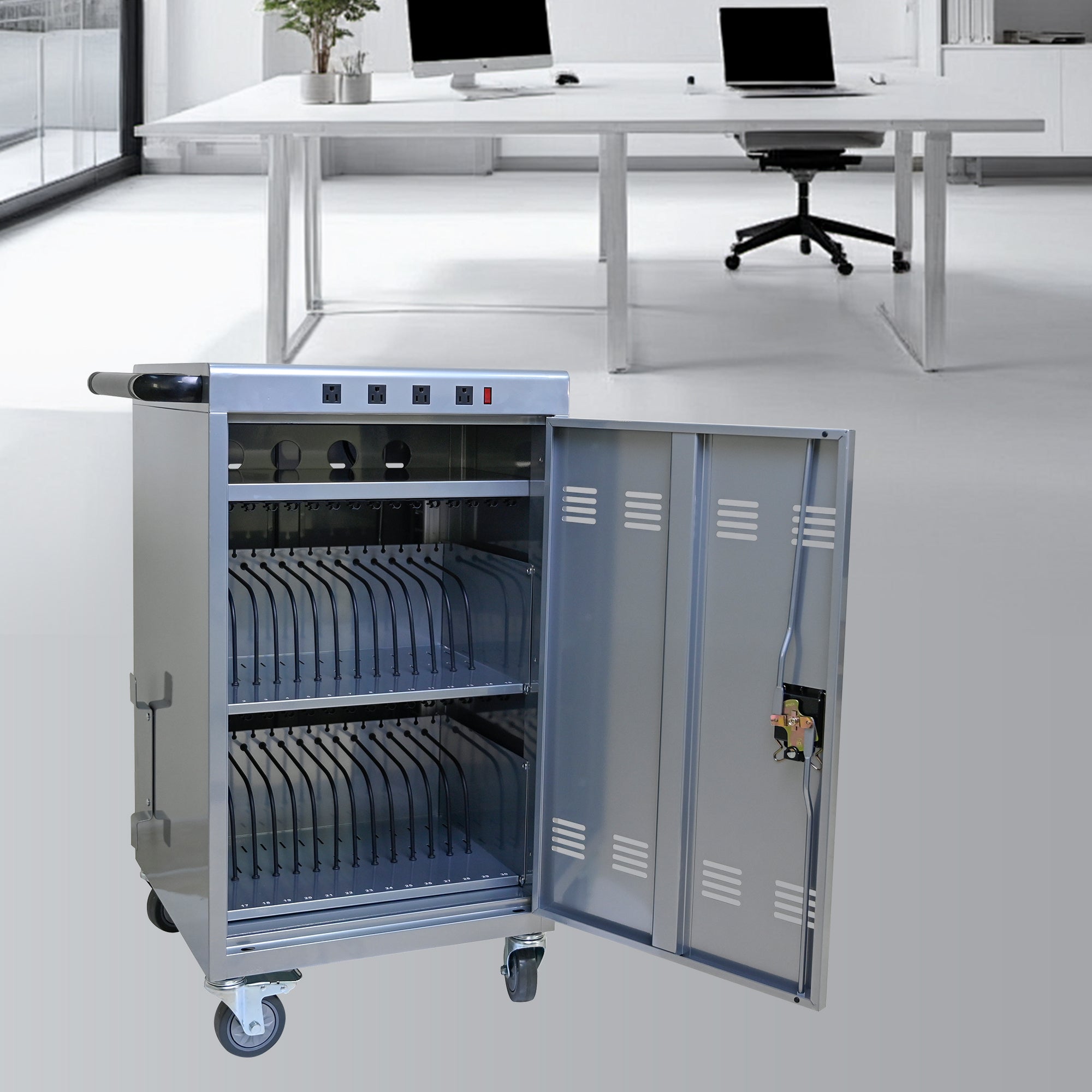 Mobile Charging Cart for Tablets Laptops 35-Device Capacity Matt Silver Metal | Premium Home Decor - Grand Goldman