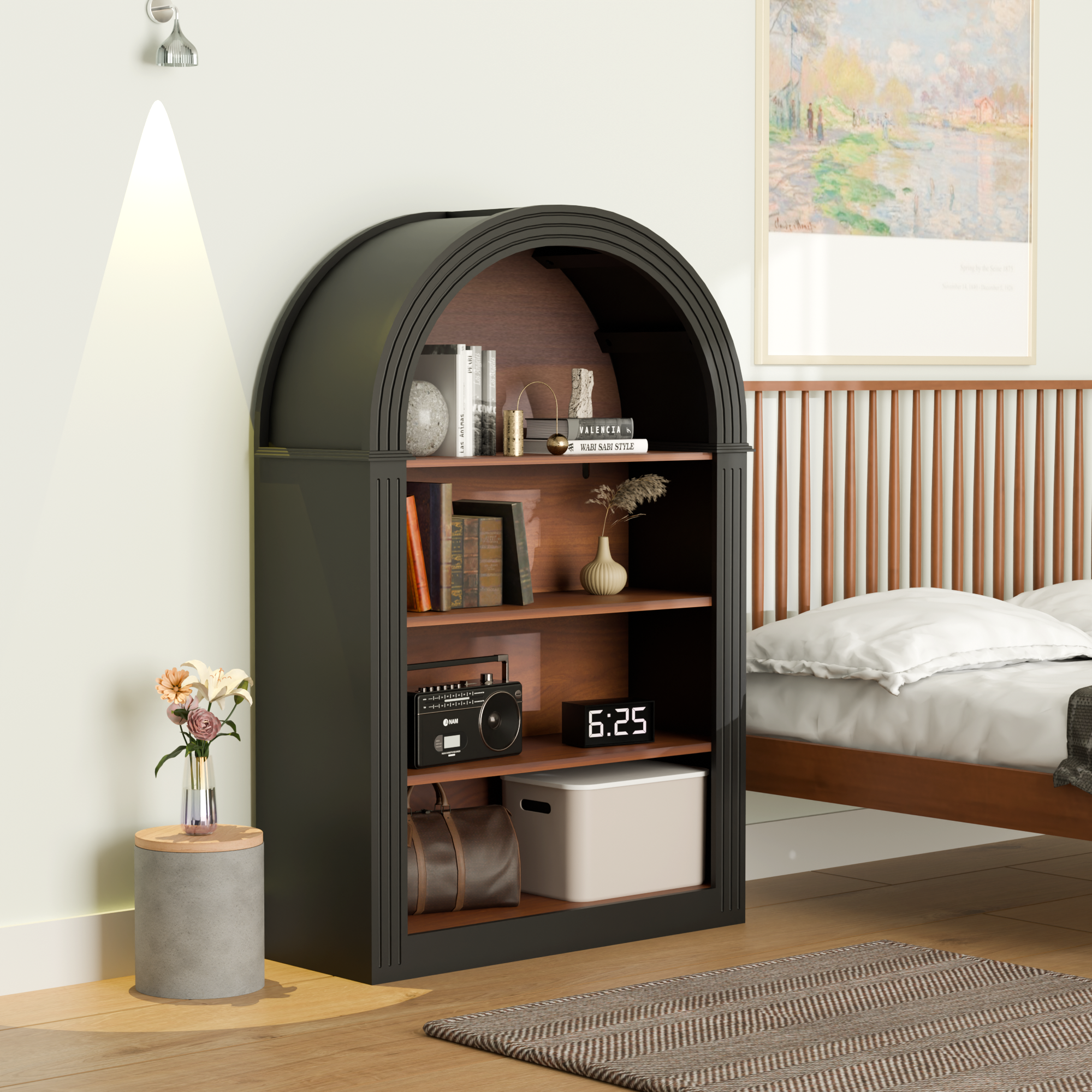 Bookcase, 4-Shelf Tall Bookshelf, 45.66' Wood Open Display Floor Arched Bookcase, Large Storage Organizer for Library, Bedroom, and Living Room (Black) - Grand Goldman Shop