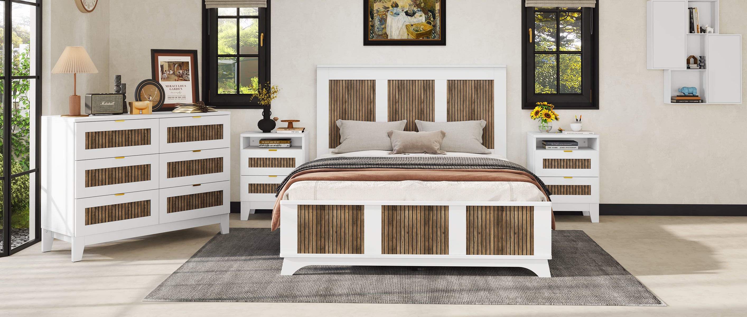 4-Pieces Bedroom Sets, Queen Size Farmhouse Platform Bed with Wooden Strip Stickers Decoration, Storage Nightstand and Dresser with Metal Handle, White(Old SKU: HL000191AAK) - Grand Goldman Shop