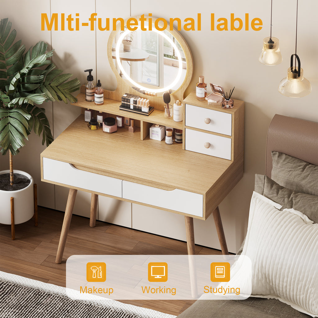 Elegant Makeup Vanity Desk with Adjustable Lighted Mirror, Solid Wood Table Feet, American White Oak, MDF, Compact Size - Grand Goldman Shop