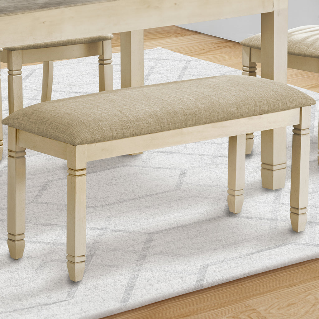 Transitional Bench, 41' Rectangular, Kitchen, Dining Room, Entryway, Bedroom, Upholstered, Antique White Solid Wood, Beige Linen-look Fabric - Grand Goldman Shop