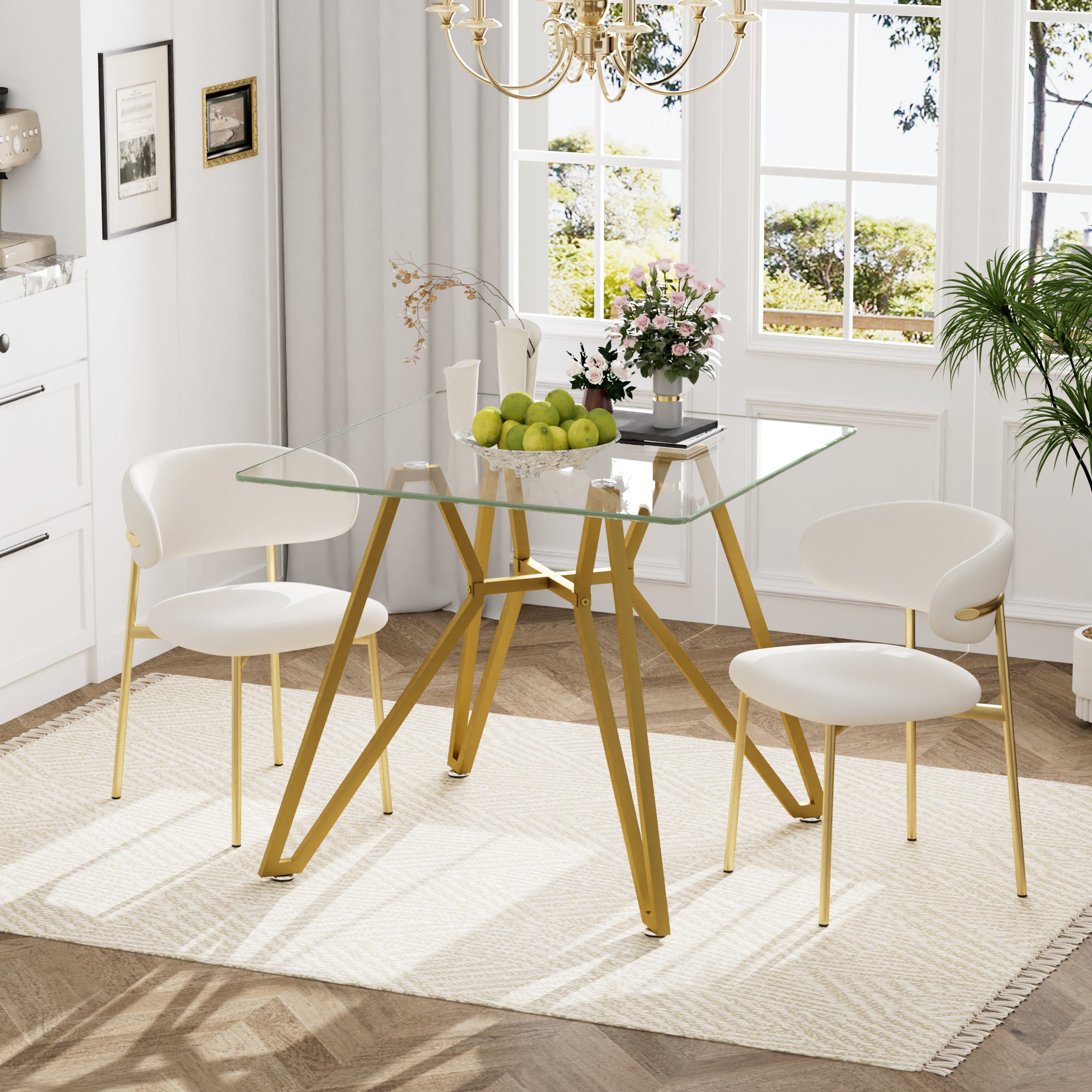 Modern Gold Glass Dining Table with Metal Legs for 2-4 People, 35.4-Inch Square - Grand Goldman Shop