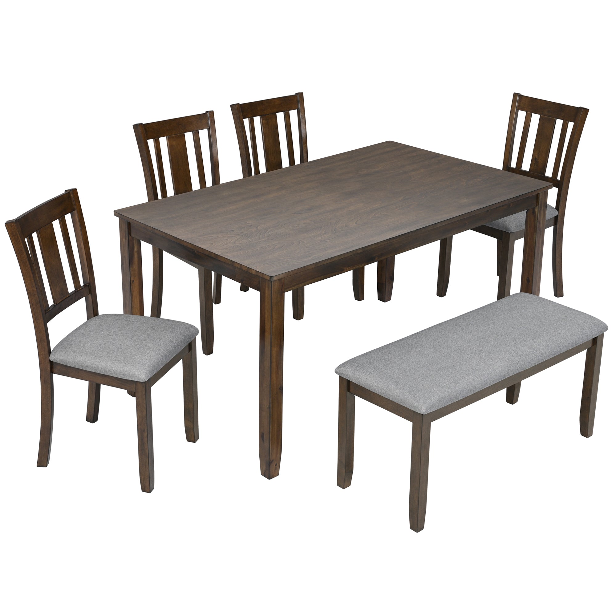 6PCs Kitchen Dining Set, Rectangular Wooden Dining Table with 4 Upholstered Chairs and a Bench, Dining Table Set for 6 People, Living Room, Home Bar and Kitchen, Walnut - Grand Goldman Shop