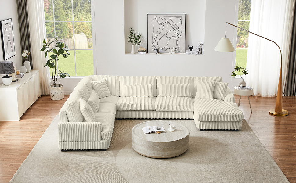 Modern Oversized U-shaped Sectional Sofa with Chaise Lounge in Beige Corduroy, 129' - Grand Goldman Shop