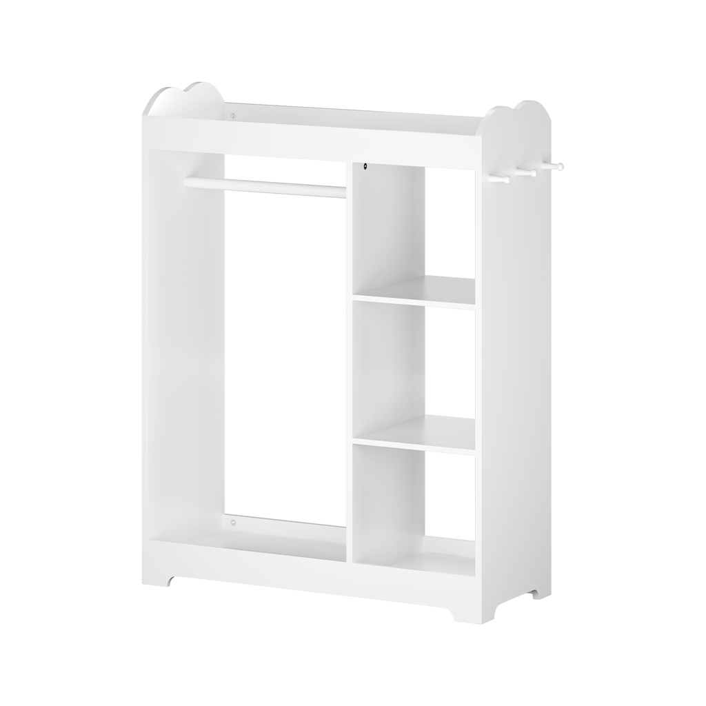 Kids Dress Up Storage with Mirror and Hooks, Wooden Dress Up Clothes Rack with Hanging Rod, 3 Side Hooks, Storage Shelves and