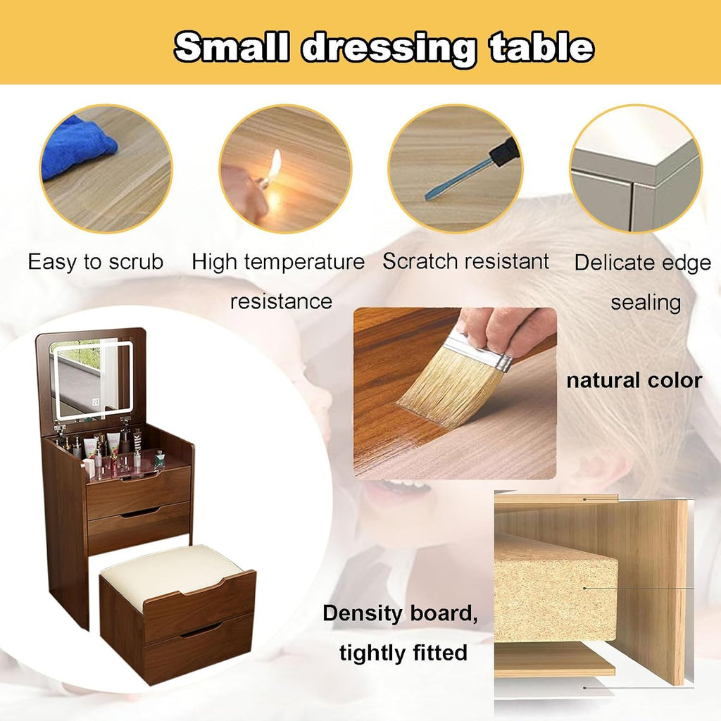 (48cm)(Walnut) 3 in 1 Vanity Desk with Plip Top Mirror,Small Make Up Vanity Set with Visible Glass Desktop, Compact Makeup Vanity with 3 Drawers, Dressing Table - Grand Goldman Shop