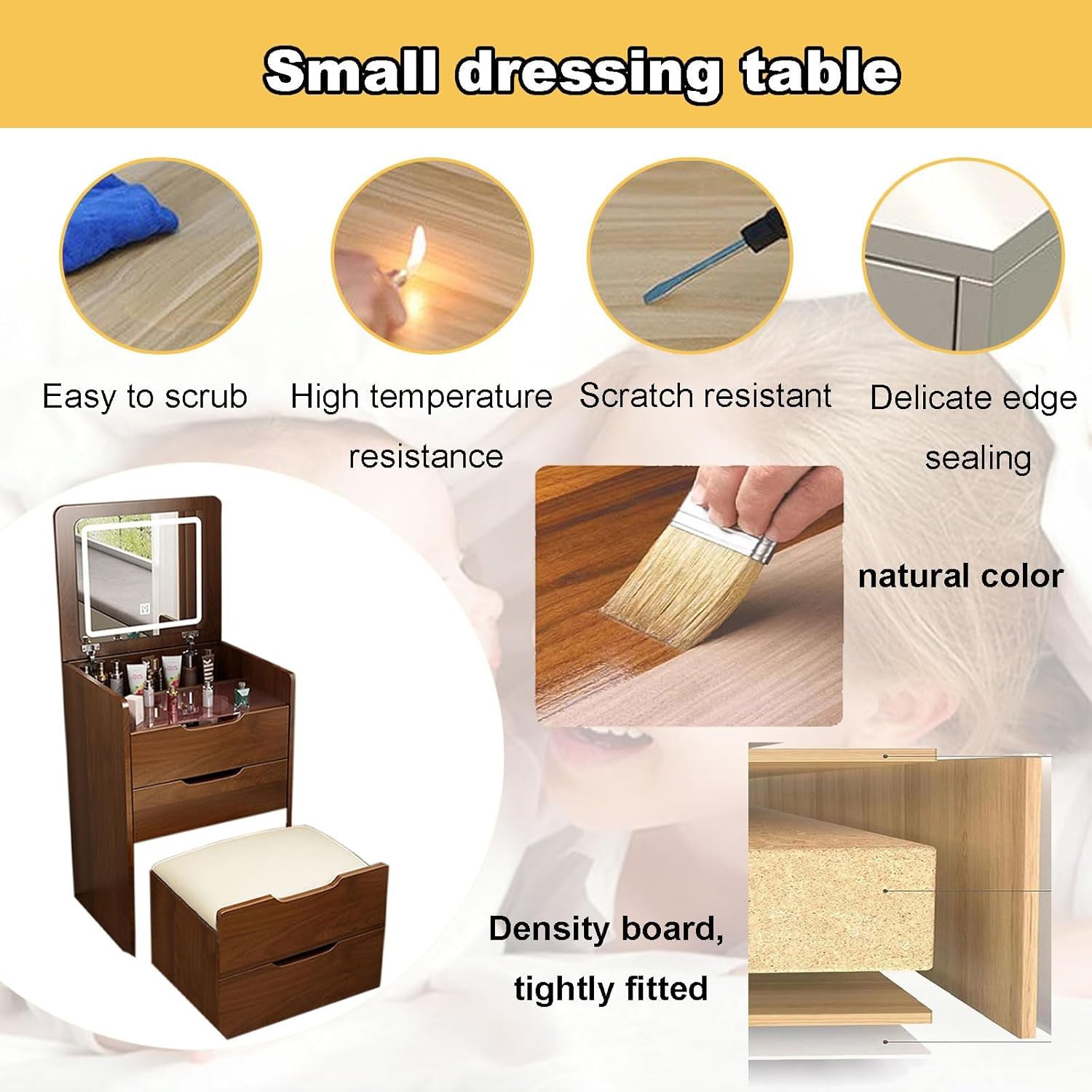 (48cm)(Walnut) 3 in 1 Vanity Desk with Plip Top Mirror,Small Make Up Vanity Set with Visible Glass Desktop, Compact Makeup Vanity with 3 Drawers, Dressing Table - Grand Goldman Shop