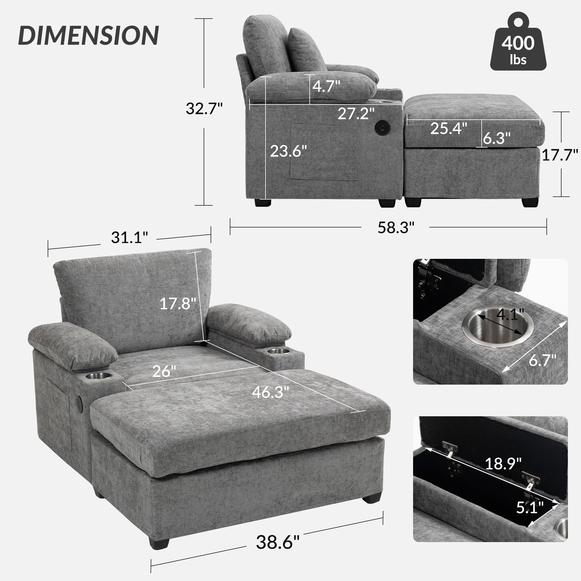 Modern Oversized Chair with Ottoman,Chenille Fabric Sofa Bed,Accent Chair Comfy Sofa with Cupholders and USB Charging Ports Chair for Living Room,Bedroom,Apartment - Grand Goldman Shop