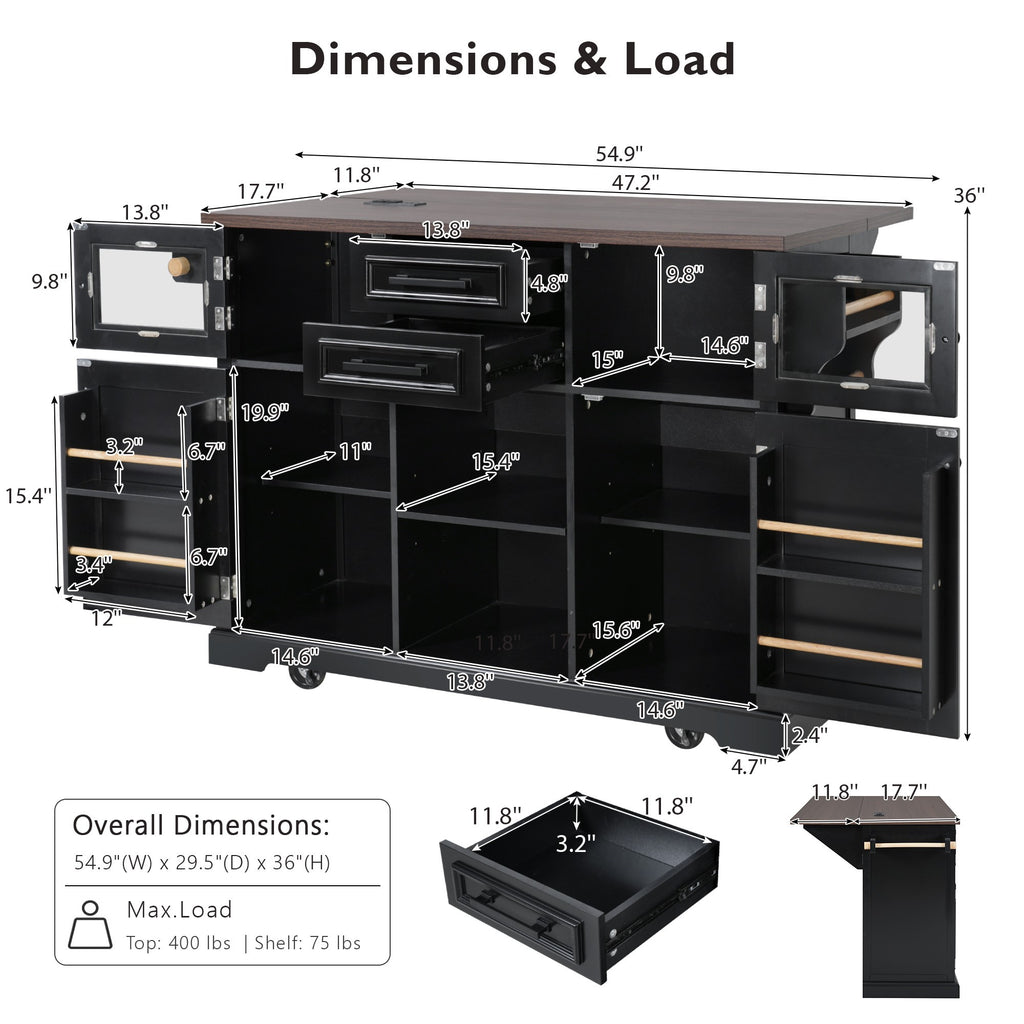K&K 54.9' Kitchen Island with Drop Leaf, Power Outlet, Kitchen Storage Cart with 4 Door Shelves, Cross Barn Doors & Visual Glass Door, Rolling Kitchen Island on 4 Wheels for Kitchen, Dining Room,Black - Grand Goldman Shop