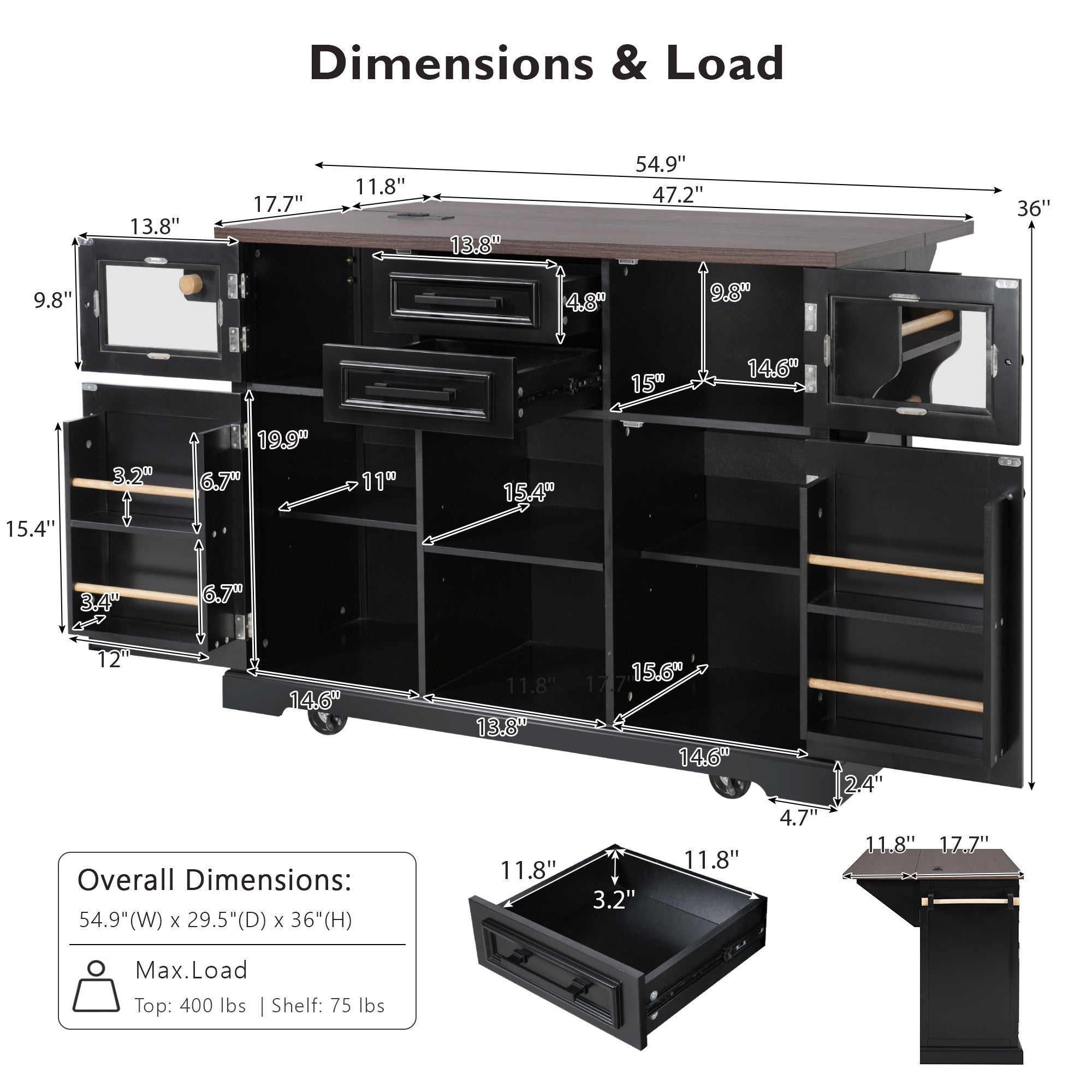 K&K 54.9' Kitchen Island with Drop Leaf, Power Outlet, Kitchen Storage Cart with 4 Door Shelves, Cross Barn Doors & Visual Glass Door, Rolling Kitchen Island on 4 Wheels for Kitchen, Dining Room,Black - Grand Goldman Shop