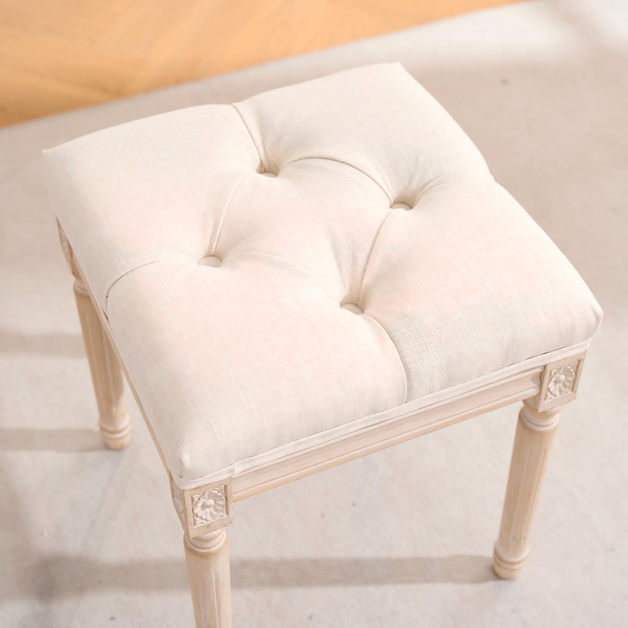 French Style Bench, Linen Fabric Entryway Bench, Upholstered Tufted End of Bed Bench with Brushed Wood Legs, Beige - Grand Goldman Shop