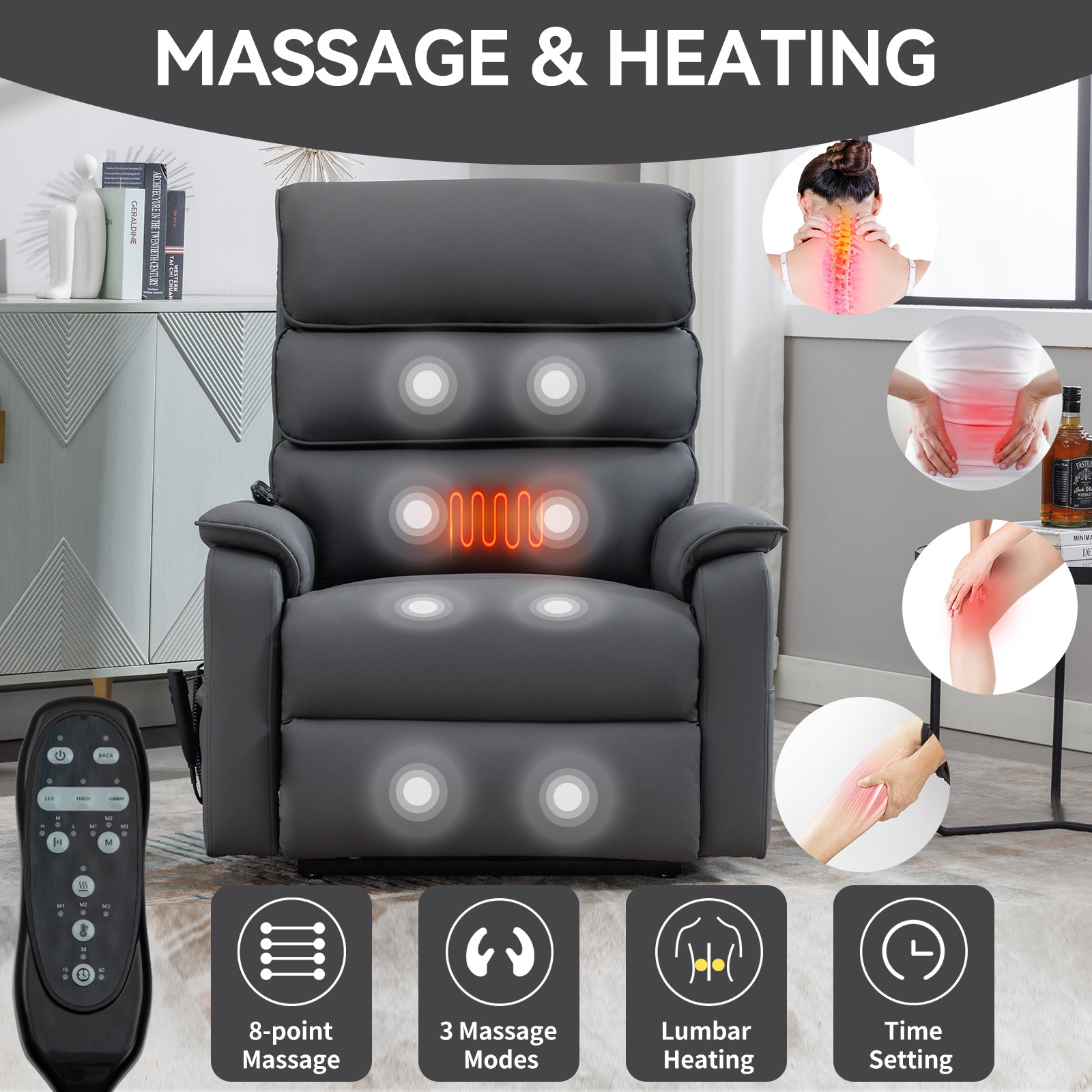 Grey Cat-proof Leather Dual Motor Infinite Position Up to 350 LBS Power Lift Recliner Chair with Power-Remote, Heat Massage and Heavy Duty Motion Mechanism - Grand Goldman Shop