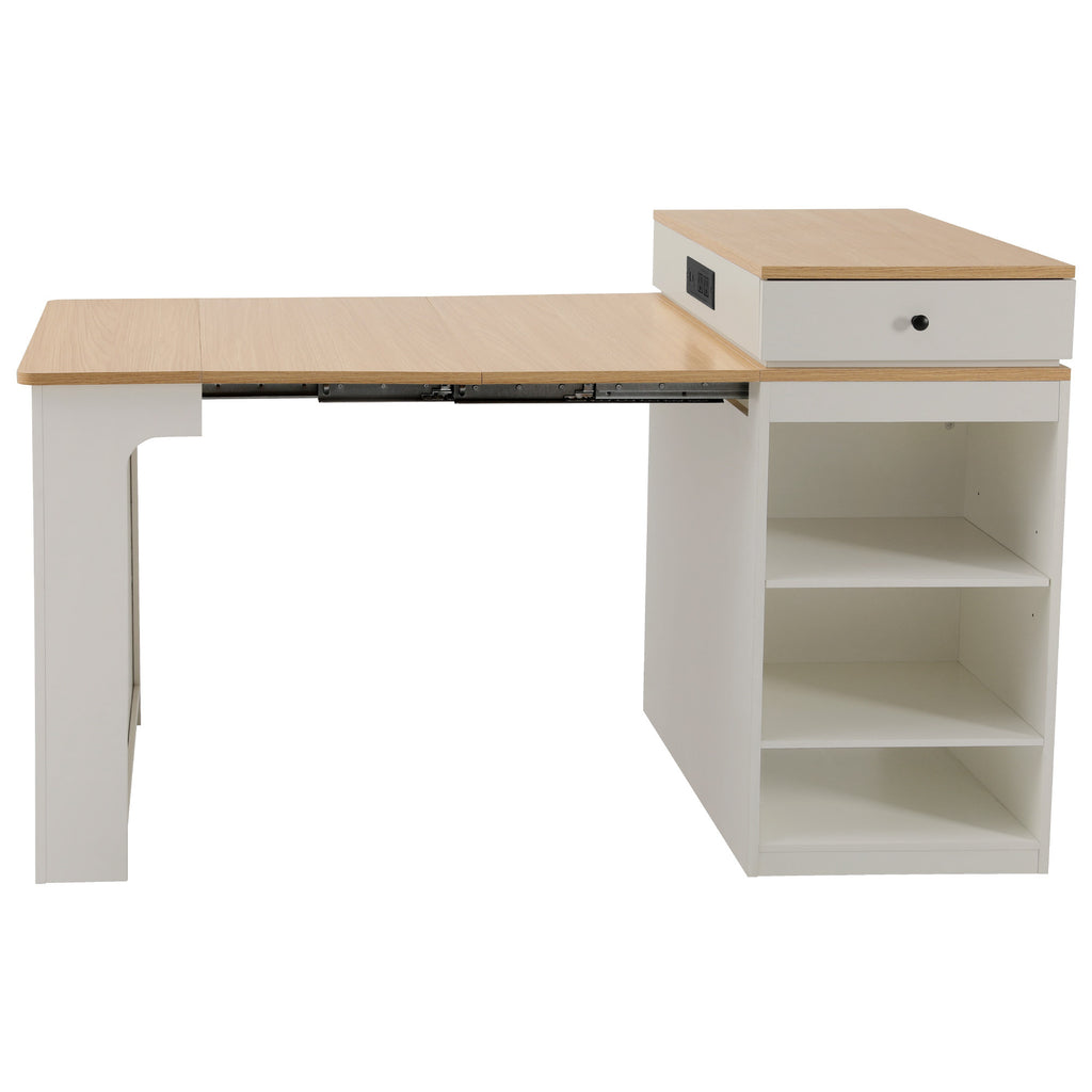 K&K 59.5' Kitchen Island with Extendable Dining Table, Kitchen Storage Table with Double-sided Storage, Kitchen Island with 2 Drawers, Power Outlet, Side Open Shelves, for Kitchen, Dining Room, White - Grand Goldman Shop