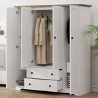 White 4 Door Wardrobe Armoire with 2 Drawers, Pine Wood + MDF, 60.6''L x 20.8''W x 68.5''H - Grand Goldman Shop