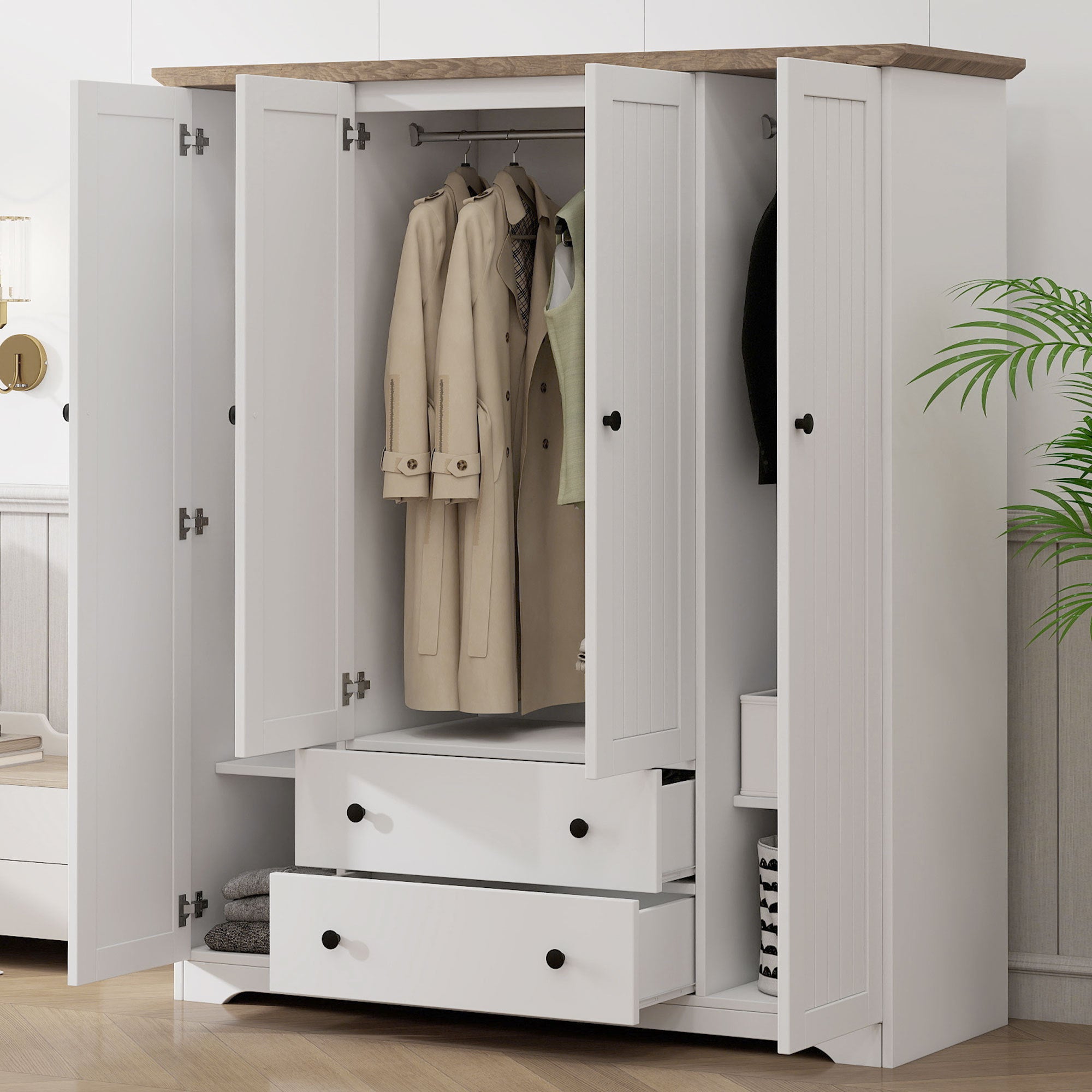 White 4 Door Wardrobe Armoire with 2 Drawers, Pine Wood + MDF, 60.6''L x 20.8''W x 68.5''H - Grand Goldman Shop