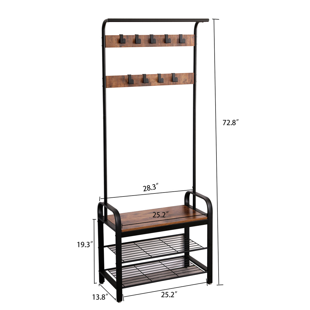 Coat Rack, Hall Tree with Shoe Bench for Entryway, Entryway Bench with Coat Rack, 4-in-1, with 9 Removable Hooks, a Hanging Rod, 13.8 x 25.2 x 72.8 Inches, Rustic Brown and Black - Grand Goldman Shop