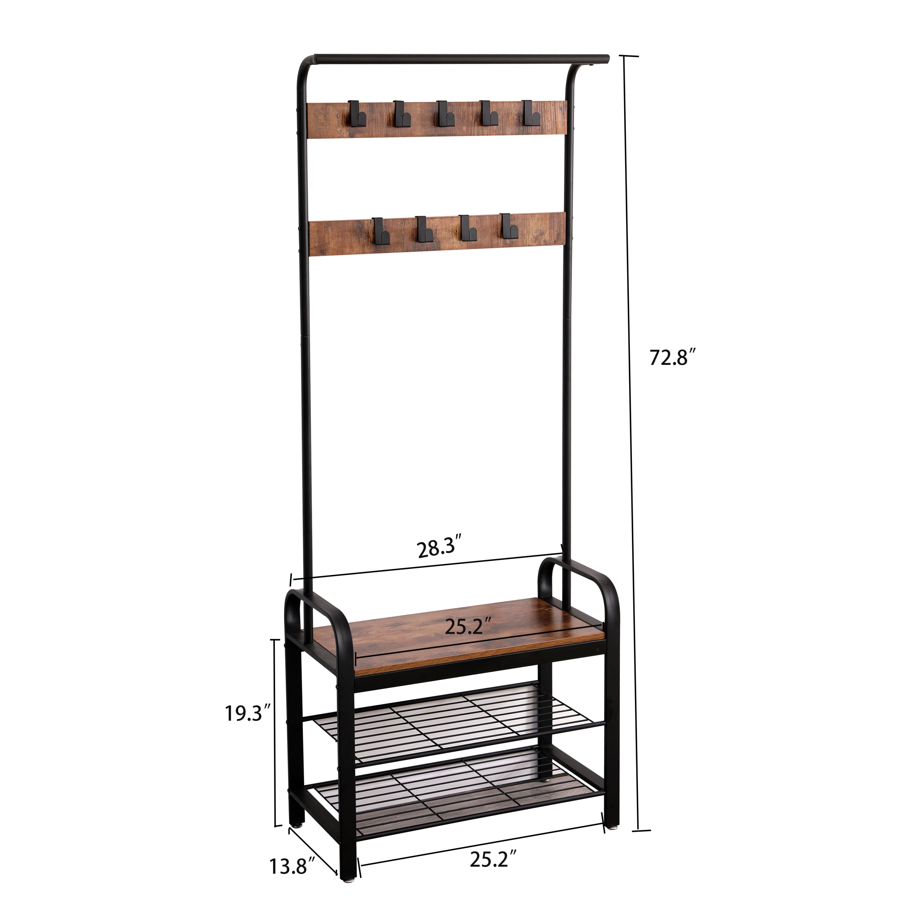 Coat Rack, Hall Tree with Shoe Bench for Entryway, Entryway Bench with Coat Rack, 4-in-1, with 9 Removable Hooks, a Hanging Rod, 13.8 x 25.2 x 72.8 Inches, Rustic Brown and Black - Grand Goldman Shop